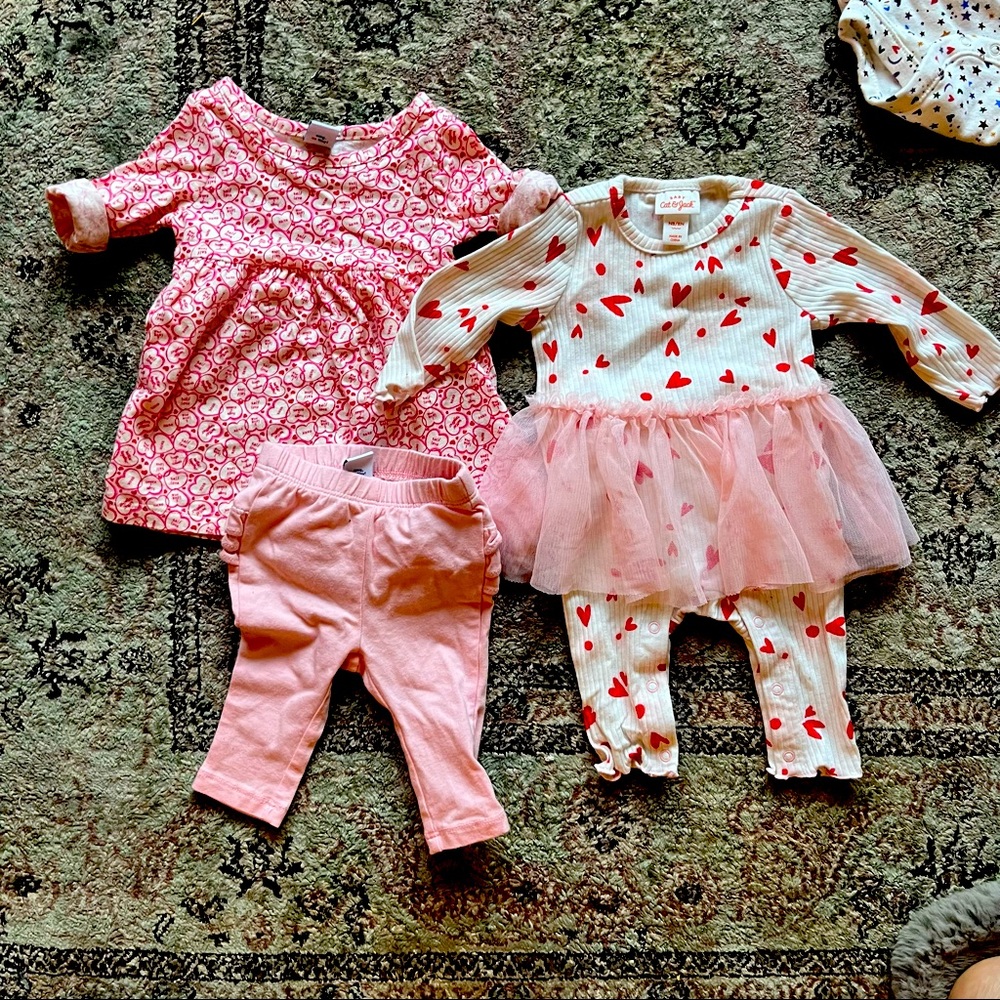 3 pieces Cat and Jack with ballerina skirt, pants and dress. 0-3 month